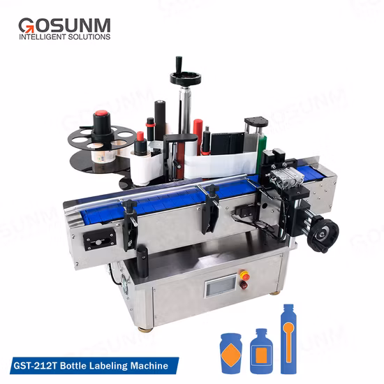 Gosunm Tabletop Wrap Around Labeling Machine Wine Beer Cup Jars Pail Bottles Container Label Pasting Machine Automatic Round Bottle Labeling Machine